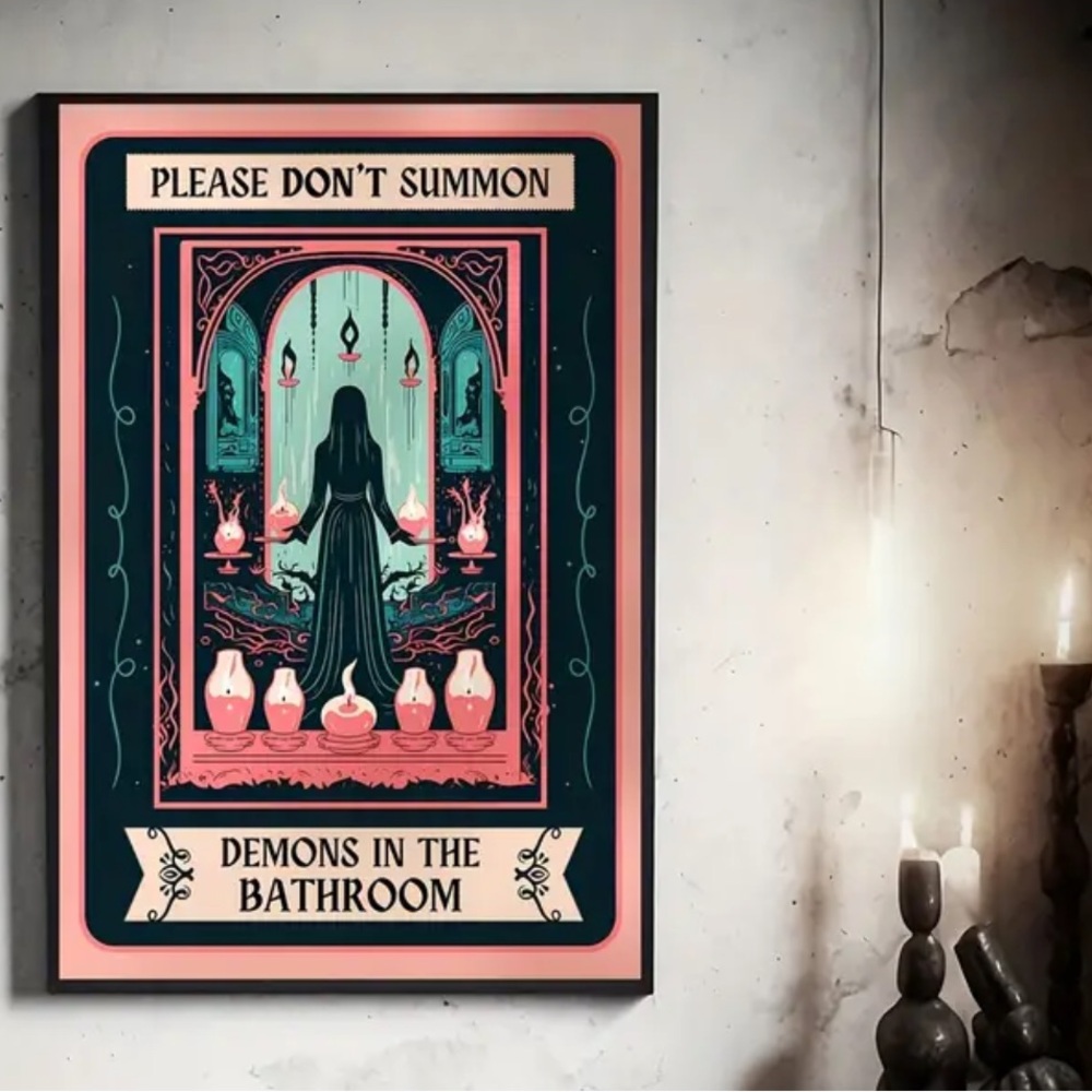 Please Don’t Summon Demons in Bathroom Flat Canvas Print Funny Home Decor Wall